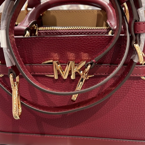 Michael Kors Reed Small Dark Cherry Leather Center Zip Belted Satchel Bag Purse - Picture 12 of 16